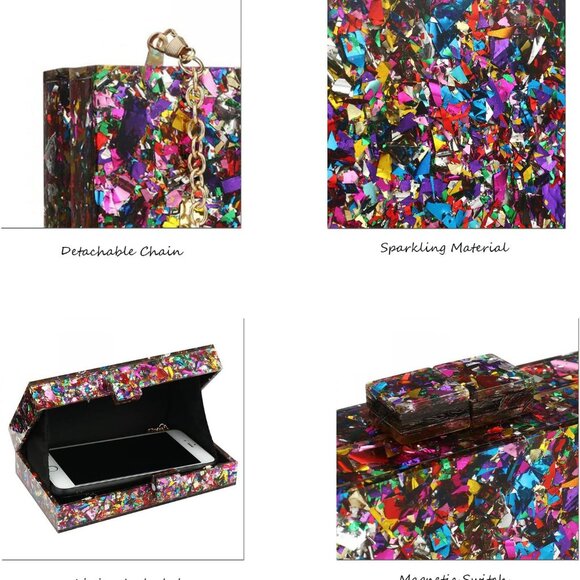 Women Sequin Acrylic Clutch Bag Crossbody Evening Party Purse - Picture 3 of 5